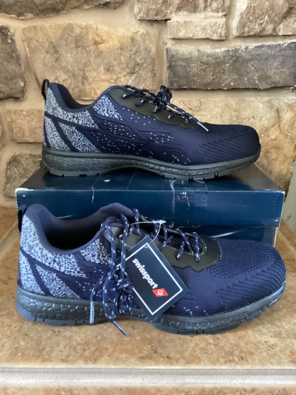 Swissport Mens Size 12 Safety Trainers Navy Blue White Steel Toe New In Box